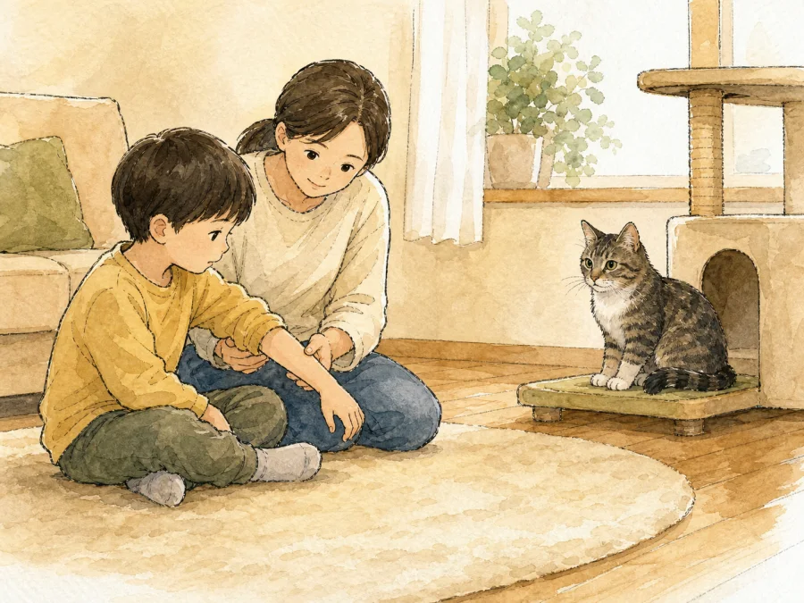 Adult supervising a child and cat in a calm living room after a bite incident