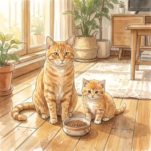 Adult orange tabby and a small kitten together representing age-specific feeding