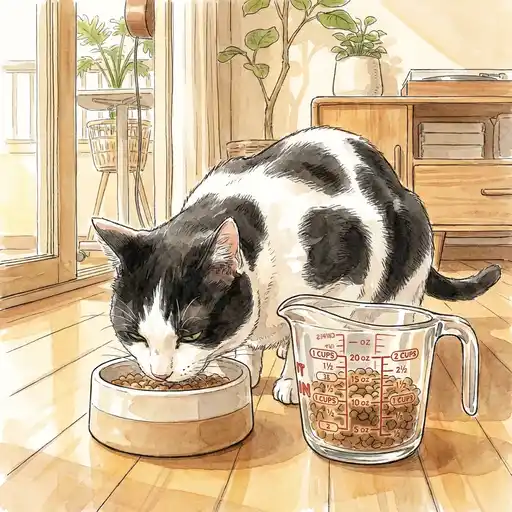 Tuxedo cat eating near a measuring cup representing portion control