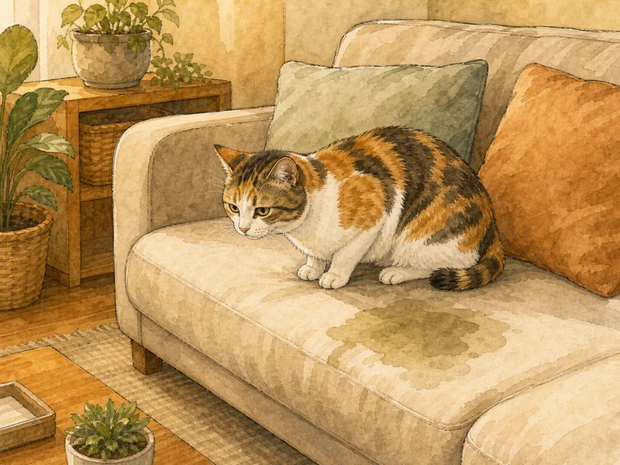 Cat peeing on a sofa cushion