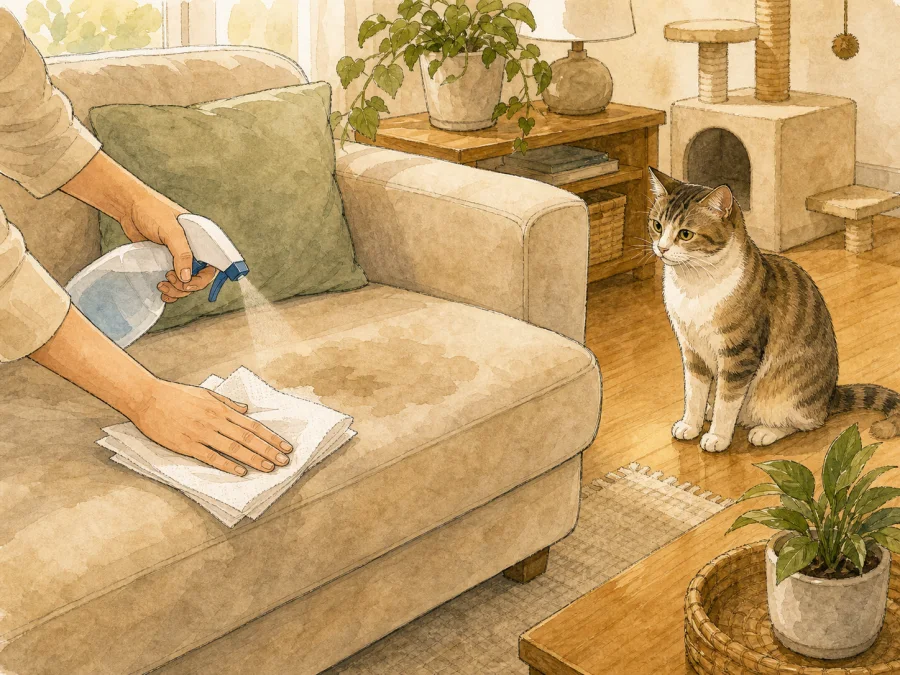 Hands cleaning a pee stain on a sofa