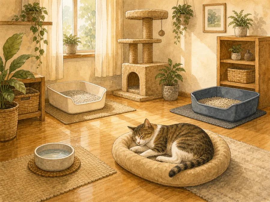 Organized cat room with litter boxes