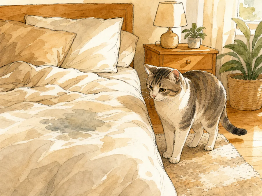 Cat standing beside a wet patch on bedding