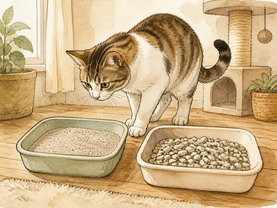 Cat comparing familiar and coarse litter textures