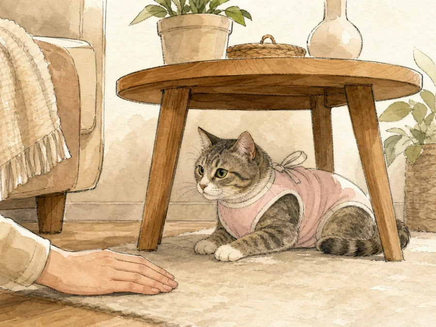 Recovering spayed cat keeping space while an owner stays calm nearby