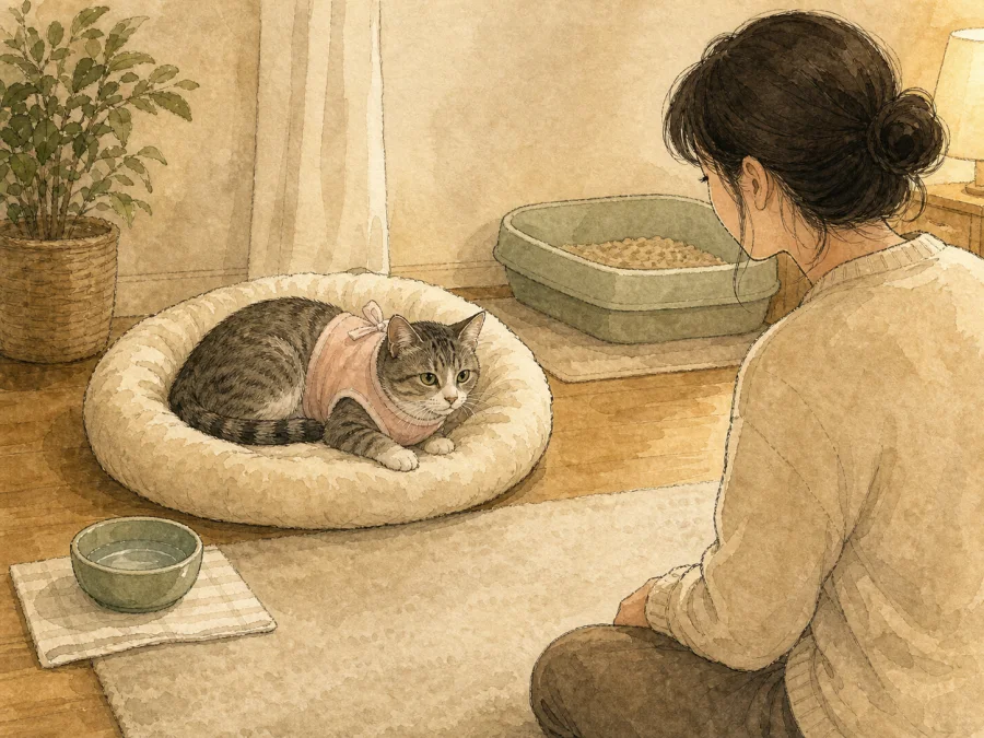 Low-stimulation recovery room setup for a spayed female cat