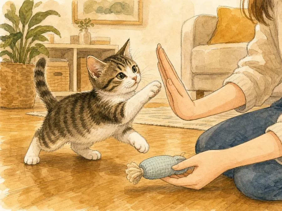 Curious young kitten near a hand and toy, learning gentle play boundaries